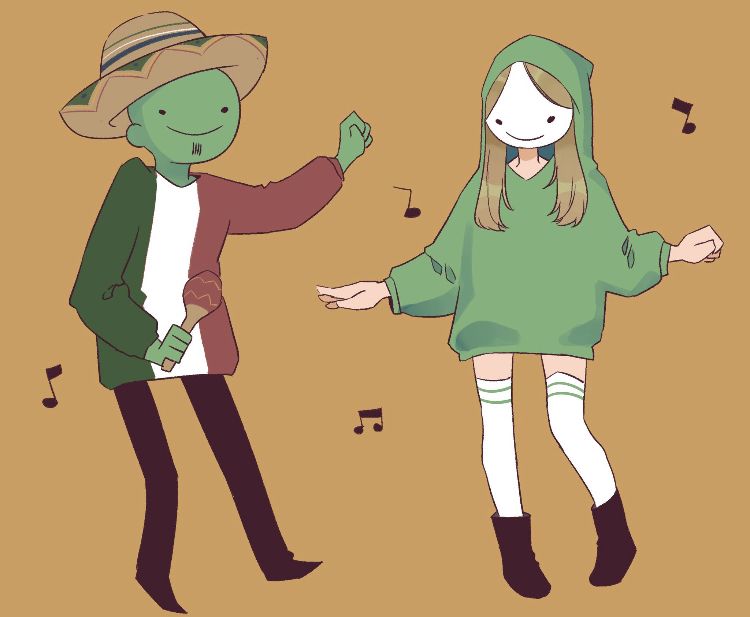 This is a drawing of Mexican Dream and Mamacita dancing together. Mamacita wears the same outfit as her minecraft skin, but Mexican Dream looks a bit different. His face is a solid green color but still retains the classic Dream smile. He has a patchy goatee on his chin. He wears a green, white, and red striped loose-fitting shirt while holding a maraca and wearing a blue and green sombrero. There are music notes floating around the couple as they dance. The background is a pale orange.